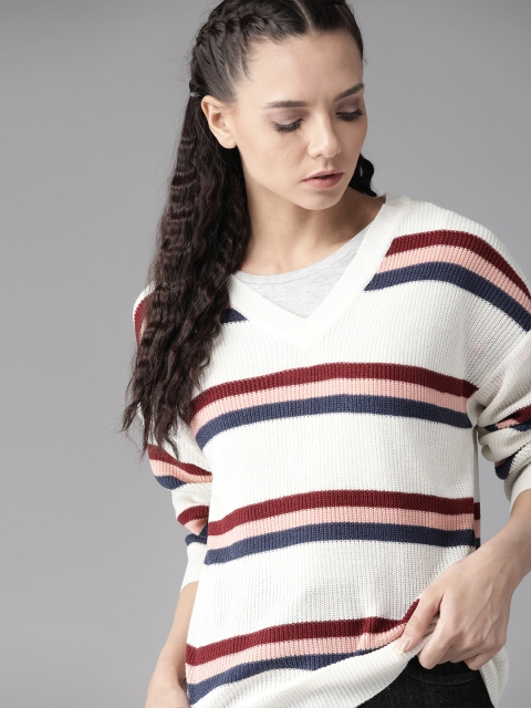 

Roadster Women White & Red Striped Pullover Sweater