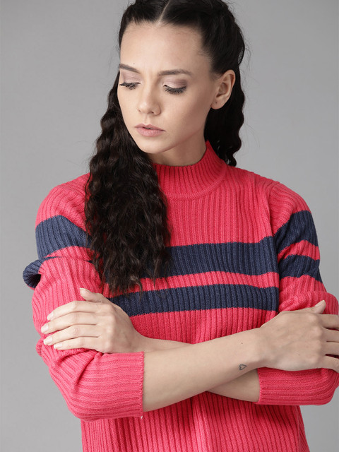 

Roadster Women Pink & Navy Blue Striped Pullover Sweater