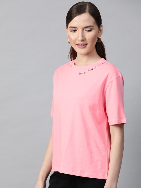 

SASSAFRAS Women Pink Live-Learn-Love Print Detail Round Neck T-shirt