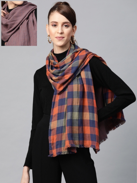 

SASSAFRAS Women Navy Blue & Orange Checked Stole