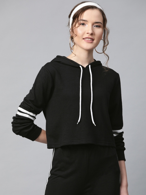 

SASSAFRAS Women Black Solid Hooded Crop Sweatshirt