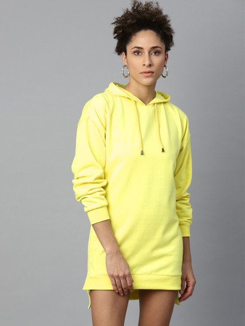 

SASSAFRAS Women Yellow Solid Hooded High-Low T-shirt Dress