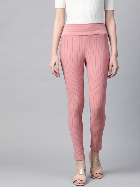

SASSAFRAS Women Pink & Navy Blue Slim Fit Striped Treggings