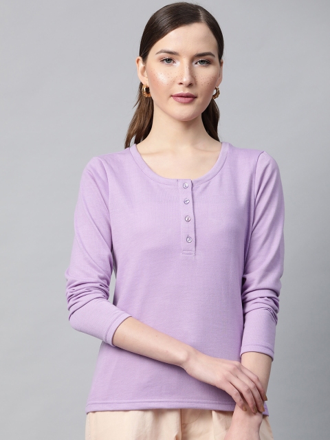

SASSAFRAS Women Lavender Solid Henley Neck T-shirt