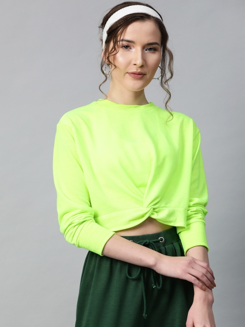

SASSAFRAS Women Fluorescent Green Solid Twisted Knot Crop Sweatshirts