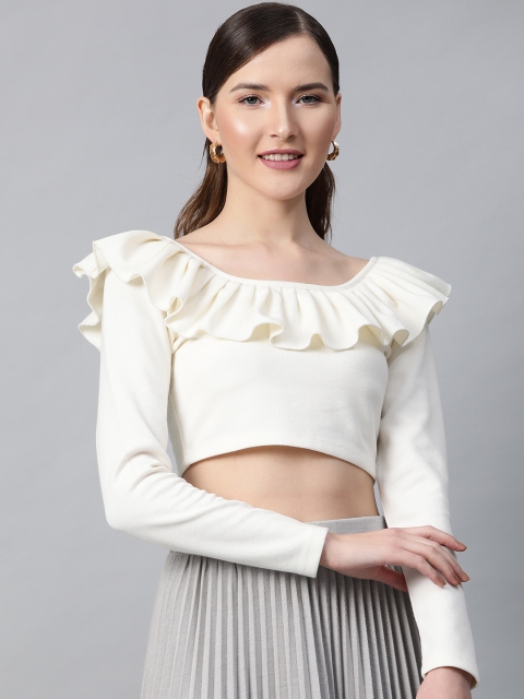 

SASSAFRAS Women Off-White Ribbed Ruffled Neck Crop Top