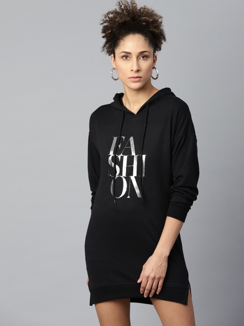

SASSAFRAS Women Black & Silver Printed Hooded High-Low T-shirt Dress