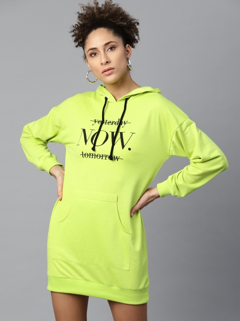 

SASSAFRAS Women Lime Green & Black Printed Hooded T-shirt Dress