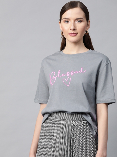 

SASSAFRAS Women Grey Blessed Print Round Neck T-shirt
