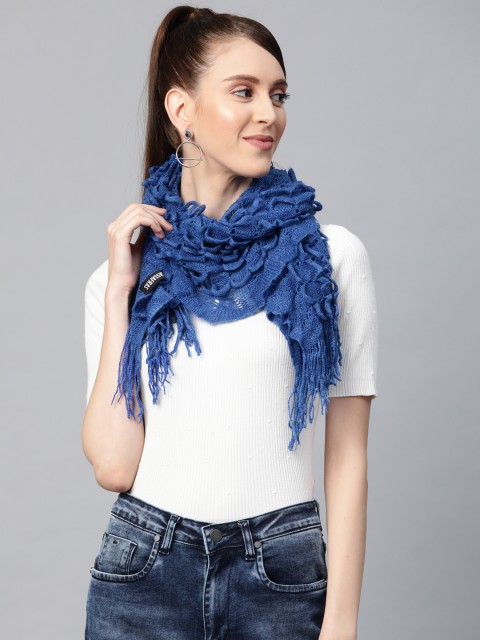 

SASSAFRAS Women Blue Ruffled Open Knit Stole