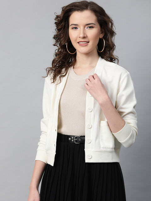 

SASSAFRAS Women Off-White Solid Cardigan