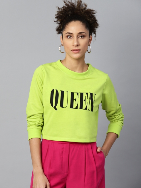 

SASSAFRAS Women Fluorescent Green & Black Printed Sweatshirt