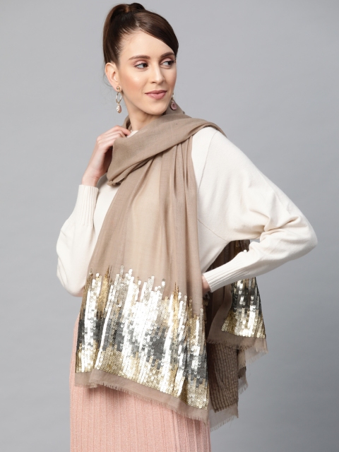 

SASSAFRAS Women Beige Sequinned Border Stole