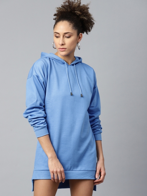 

SASSAFRAS Women Blue Solid Hooded High-Low T-shirt Dress