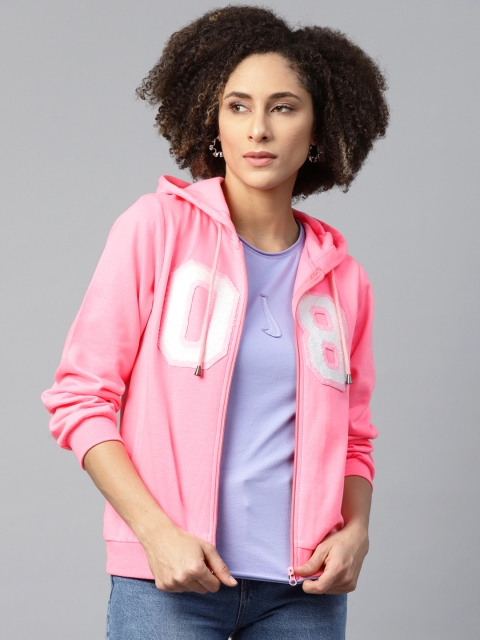 

SASSAFRAS Women Pink & White Solid Hooded Sweatshirt with Applique Detail