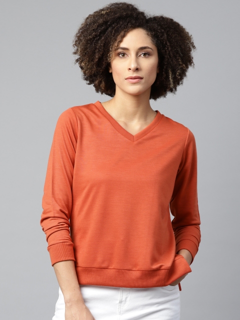 

SASSAFRAS Women Rust Orange Solid V-Neck Sweatshirt