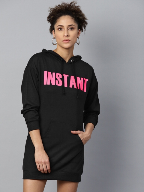 

SASSAFRAS Women Black & Pink Printed Hooded T-shirt Dress