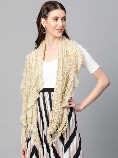 

SASSAFRAS Women Cream-Coloured Open Knit Crochet Ruffled Stole