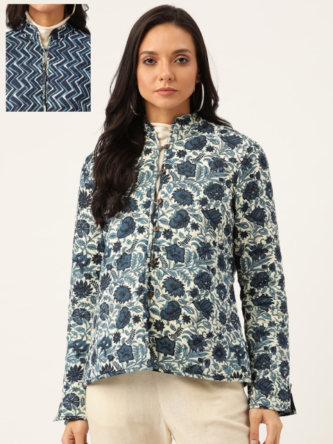 

Shae by SASSAFRAS Women Off-White & Blue Floral Printed Reversible Tailored Jacket