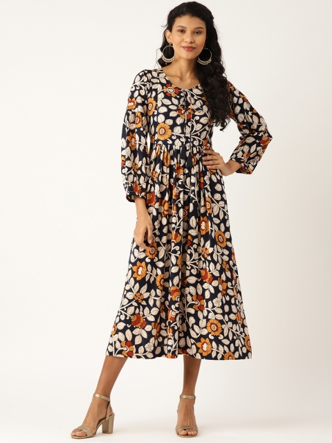 

Shae by SASSAFRAS Women Navy Blue & Off-White Floral Print A-Line Dress