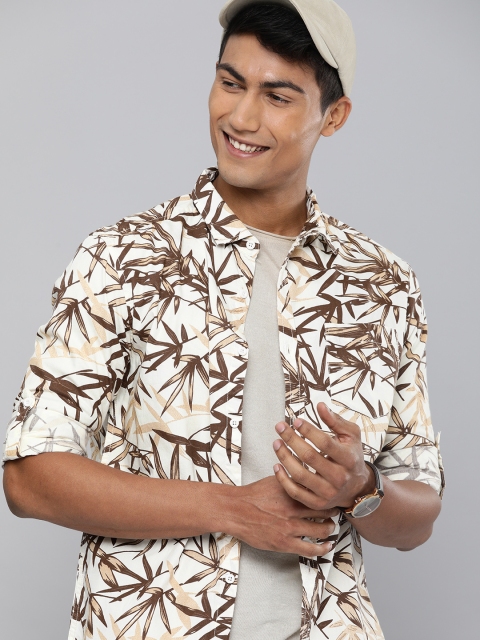 

HERE&NOW Men Off-White & Brown Slim Fit Printed Casual Shirt