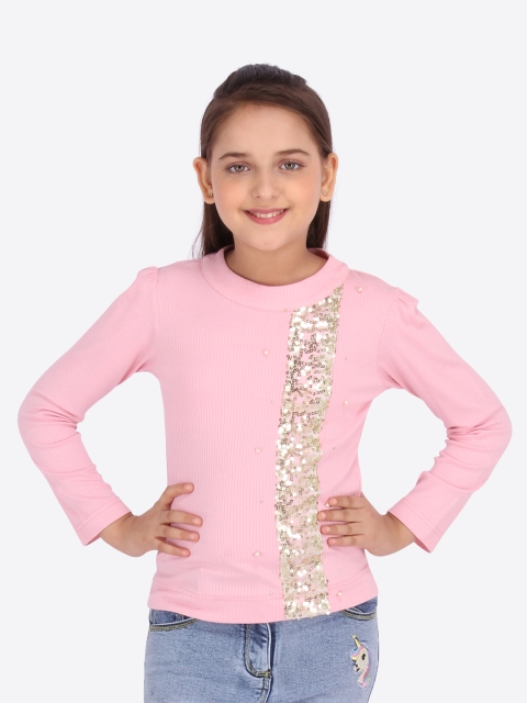 

CUTECUMBER Girls Pink Printed Round Neck T-shirt