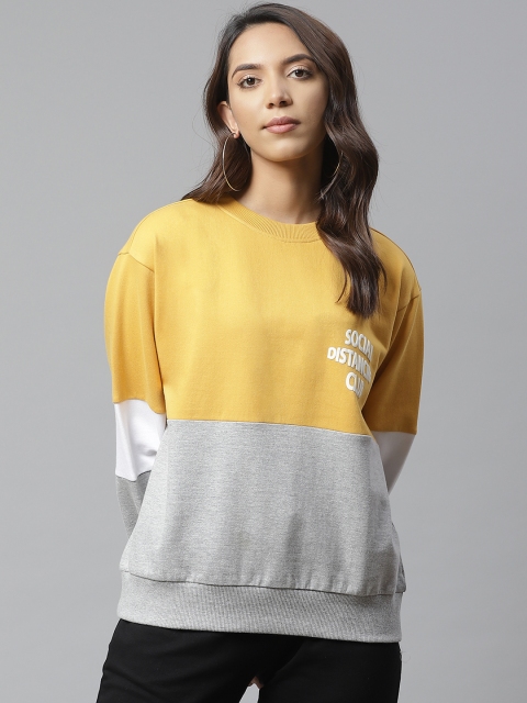 

VividArtsy Women Mustard Yellow & Grey Melange Colourblocked Sweatshirt