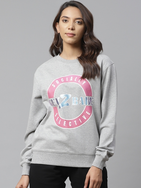 

VividArtsy Women Grey Melange & Pink Printed Sweatshirt