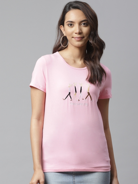 

VividArtsy Women Pink Quirky Embroidered Detail Solid Round Neck T-shirt
