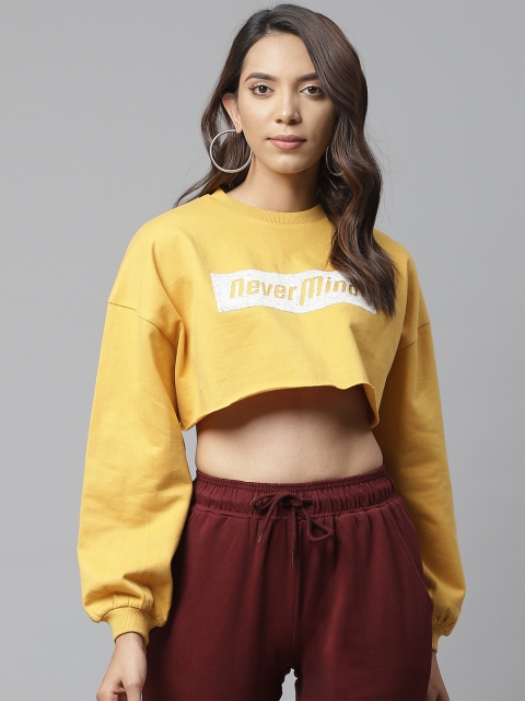 

VividArtsy Women Mustard Yellow & White Printed Crop Sweatshirt