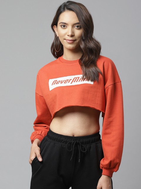 VividArtsy Women Rust Orange & Whte Printed Cropped Sweatshirt