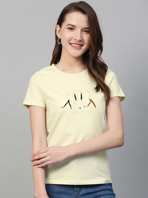 

VividArtsy Women Yellow Quirky Embroidered Detail Solid Round Neck T-shirt