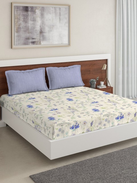 

DDecor Off-White & Purple Floral 150 TC Cotton 1 King Bedsheet with 2 Pillow Covers