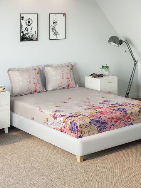 

DDecor Beige & Purple Floral 144 TC Cotton 1 King Bedsheet with 2 Pillow Covers