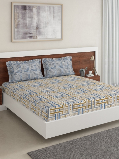

DDecor Blue & Brown Geometric 144 TC Cotton 1 Queen Bedsheet with 2 Pillow Covers