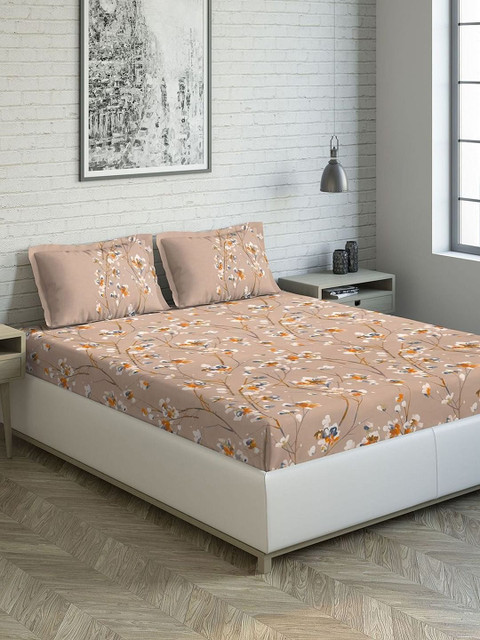 

DDecor Nude-Coloured & Yellow Floral 144 TC Cotton 1 King Bedsheet with 2 Pillow Covers