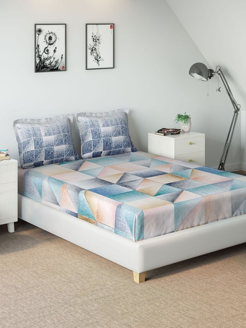 

DDecor Blue & Beige Geometric 300 TC Cotton 1 King Bedsheet with 2 Pillow Covers
