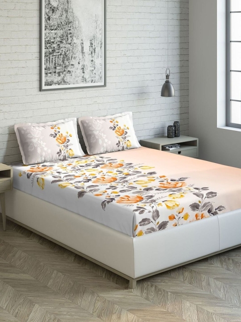 

DDecor Orange & Cream-Coloured Floral 144 TC Cotton 1 King Bedsheet with 2 Pillow Covers