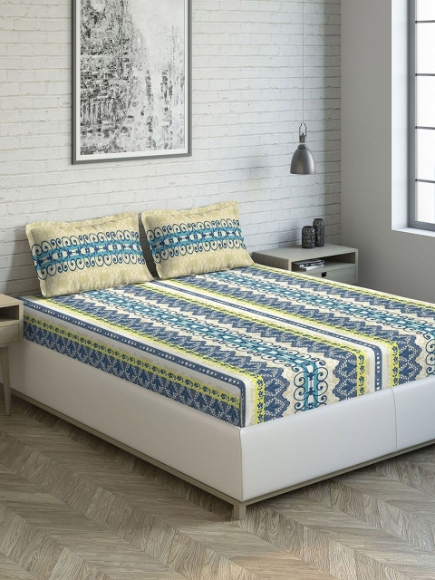 

DDecor Blue & Yellow Striped 144 TC Cotton 1 King Bedsheet with 2 Pillow Covers