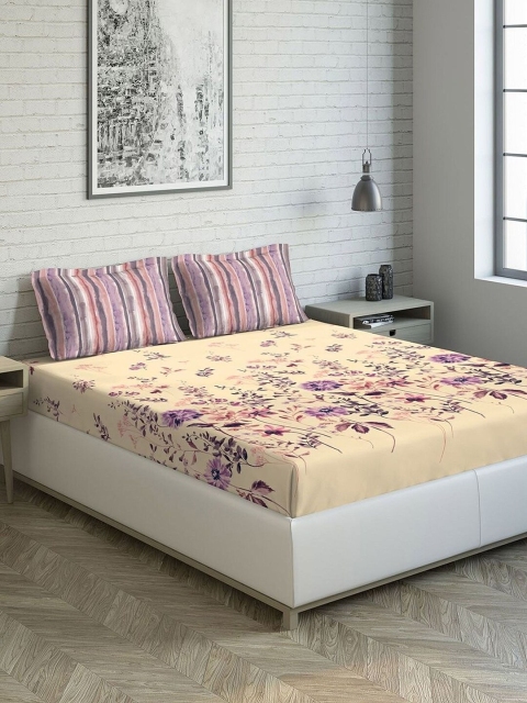 

DDecor Beige & Purple Floral 144 TC Cotton 1 King Bedsheet with 2 Pillow Covers