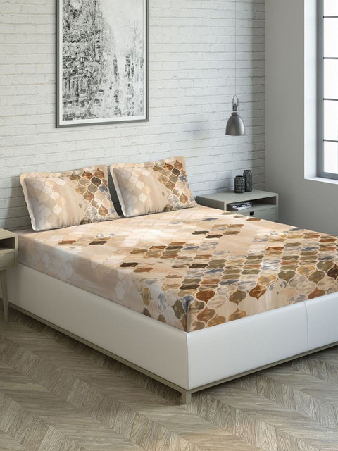 

DDecor Beige Abstract 144 TC Cotton 1 King Bedsheet with 2 Pillow Covers