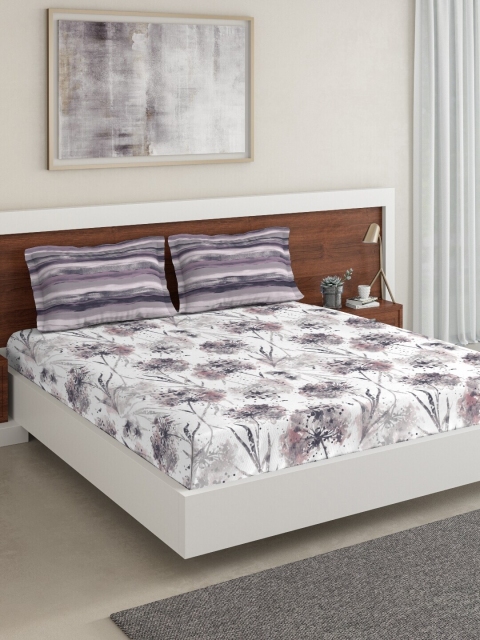 

DDecor White & Purple Floral 144 TC Cotton 1 Queen Bedsheet with 2 Pillow Covers