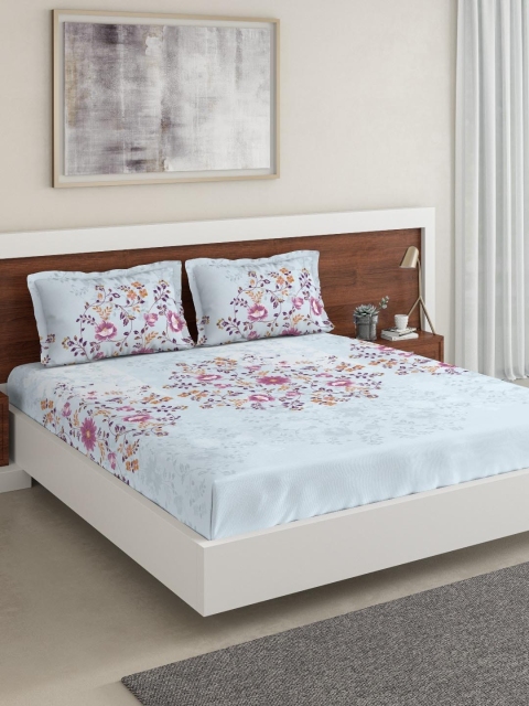 

DDecor Blue Floral 144 TC Cotton 1 Queen Bedsheet with 2 Pillow Covers