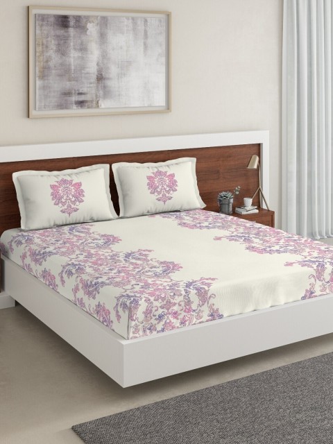

DDecor Cream-Coloured & Pink Floral 150 TC Cotton 1 King Bedsheet with 2 Pillow Covers