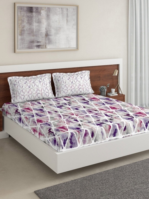 

DDecor Purple & White Geometric 144 TC Cotton 1 Queen Bedsheet with 2 Pillow Covers