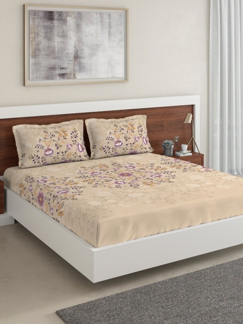

DDecor Beige Floral 144 TC Cotton 1 Queen Bedsheet with 2 Pillow Covers