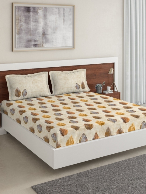 

DDecor Beige Floral 150 TC Cotton 1 King Bedsheet with 2 Pillow Covers