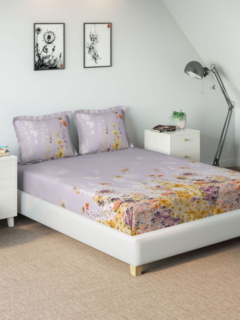 

DDecor Purple Floral 144 TC Cotton 1 King Bedsheet with 2 Pillow Covers