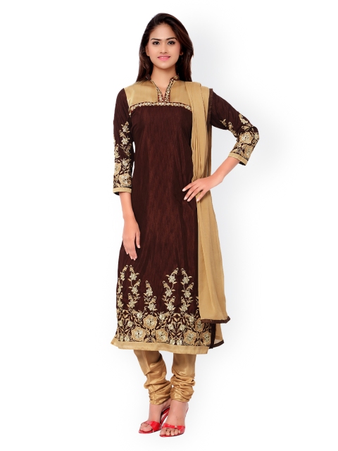 

Saree mall Brown & Gold-Toned Embroidered Chanderi Unstitched Dress Material