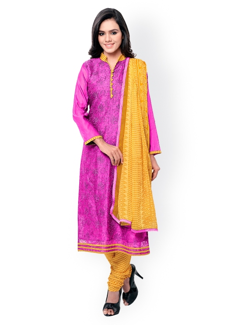 

Saree mall Pink & Yellow Embroidered Chanderi Unstitched Dress Material